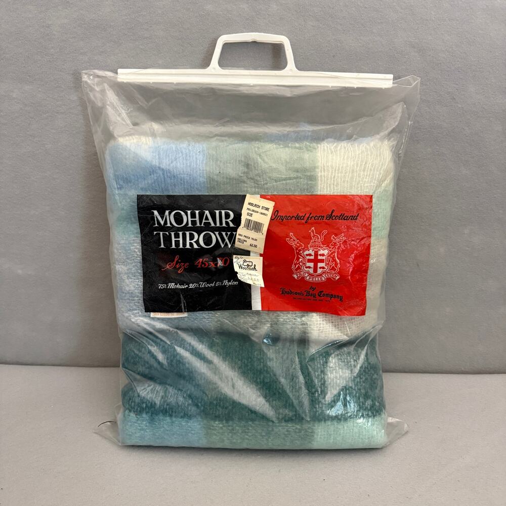Vtg NWT Hudson Bay Company mohair wool throw blanket - blue plaid fringe baby